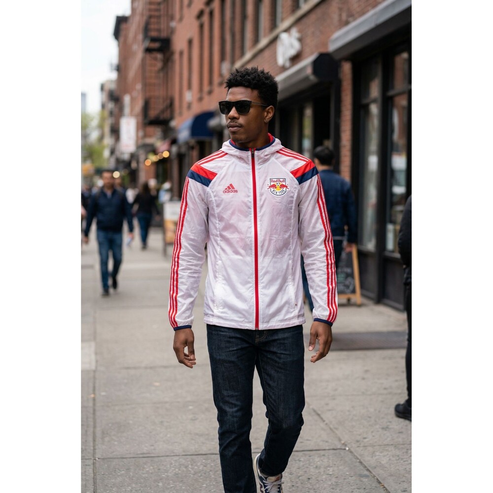 Adidas Vintage Very Rare Anthem MLS NY Red Bull Woven Nylon Jacket White Small